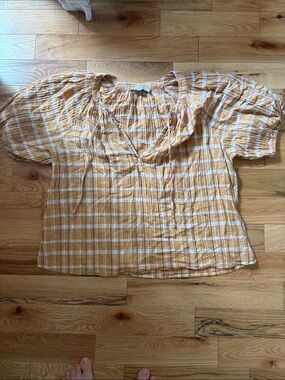 LOFT Yellow and White Plaid Short-Sleeve Peasant Blouse